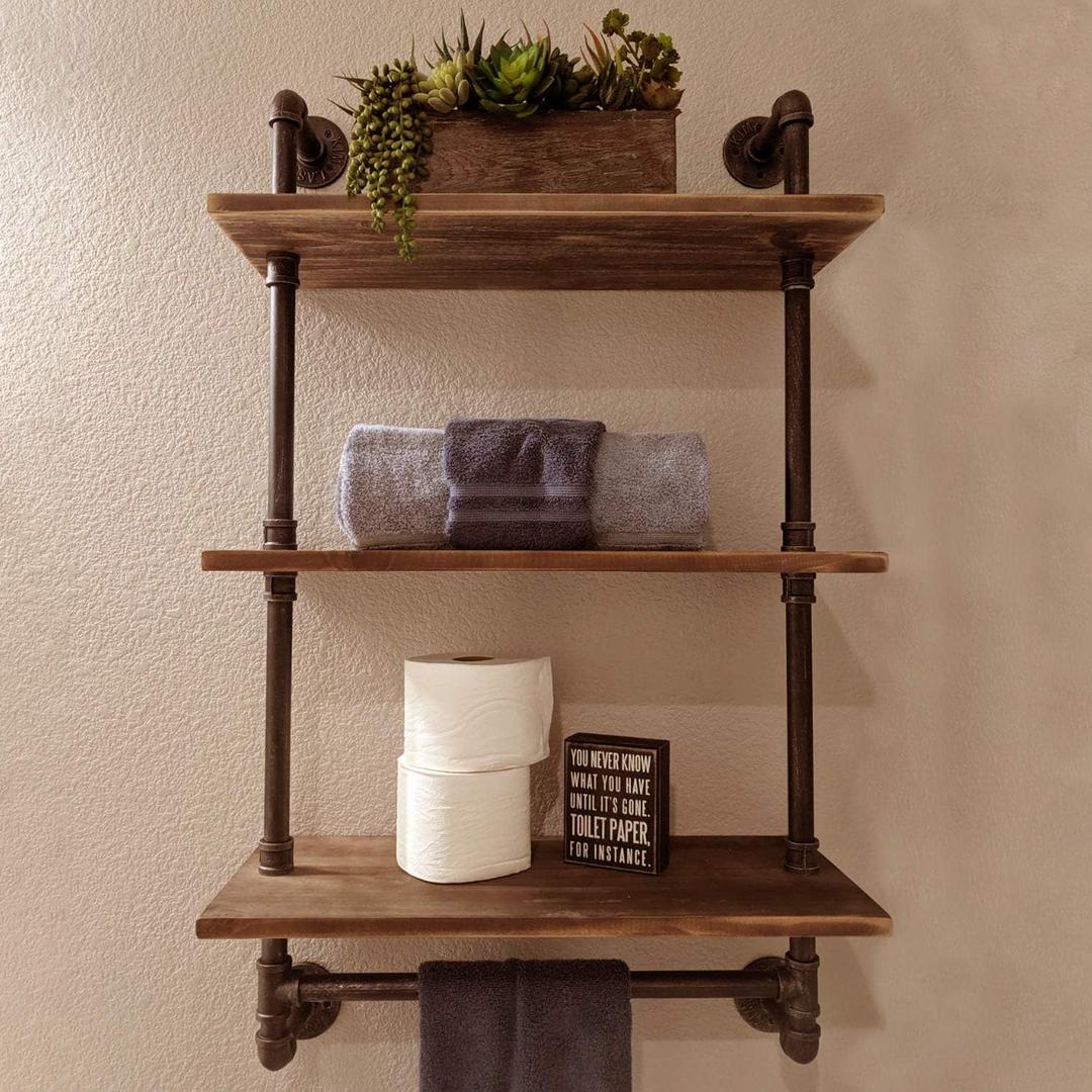 MBQQ 3 Tier Shelving Bathroom Pipe Shelves with Towel Bar Over Toilet, 24 inch Pine Wood Floating Shelves for Wall Mounted Bedroom,Kitchen, Farmhouse, Living Room