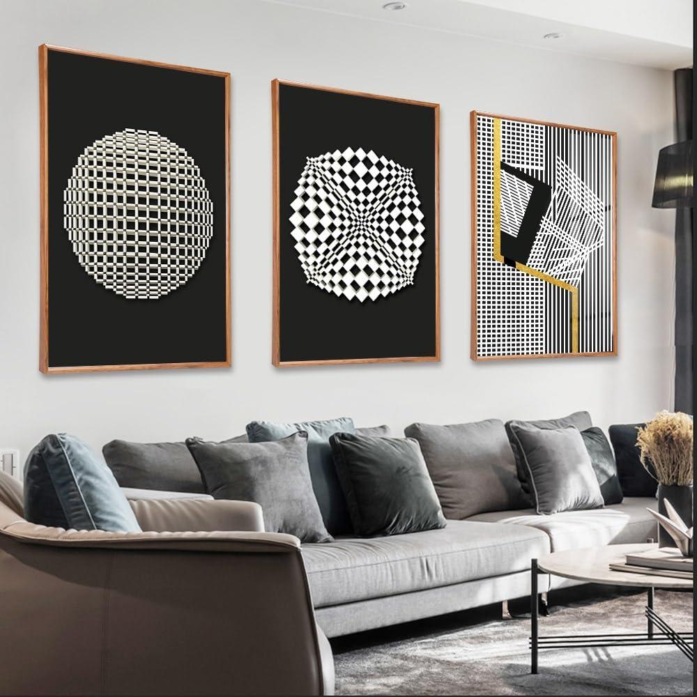 Large Framed Wood grain color Neutral Abstract Wall Art for Living Room, 3 Piece Boho Canvas Prints Paintings Artwork for Walls, Minimalist Geometric Pictures for Hallway Office Wall Decor 24x32 In
