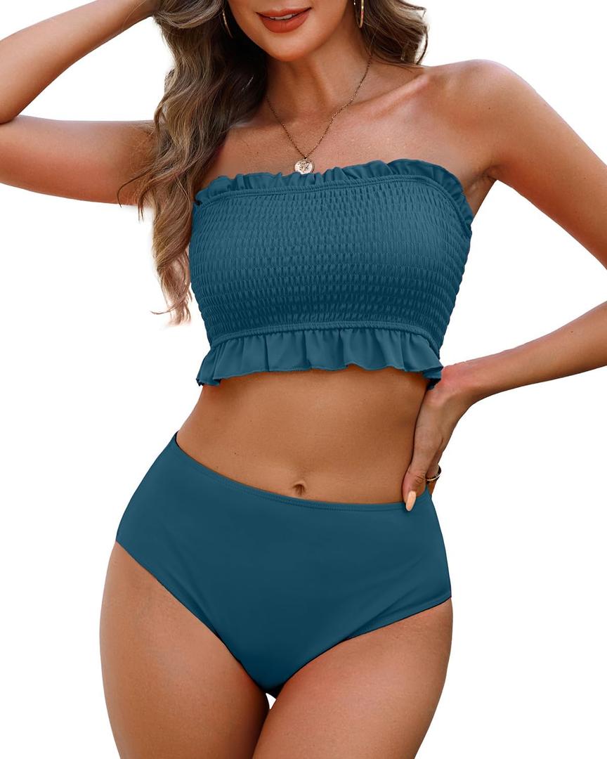 Tempt Me Women Bandeau High Waisted Bikini Sets Smocked Swimsuit Strapless Two Piece Bathing Suit (Large, Blue Green)