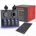 BUNKER INDUST 4 Gang Rocker Switch Aluminum Panel with Dual USB Port Charger Socket & Cigarette Lighter Socket Blue LED Light Waterproof On Off Toggle Switch for 12V/24V DC Marine Boat Truck Car ATVs
