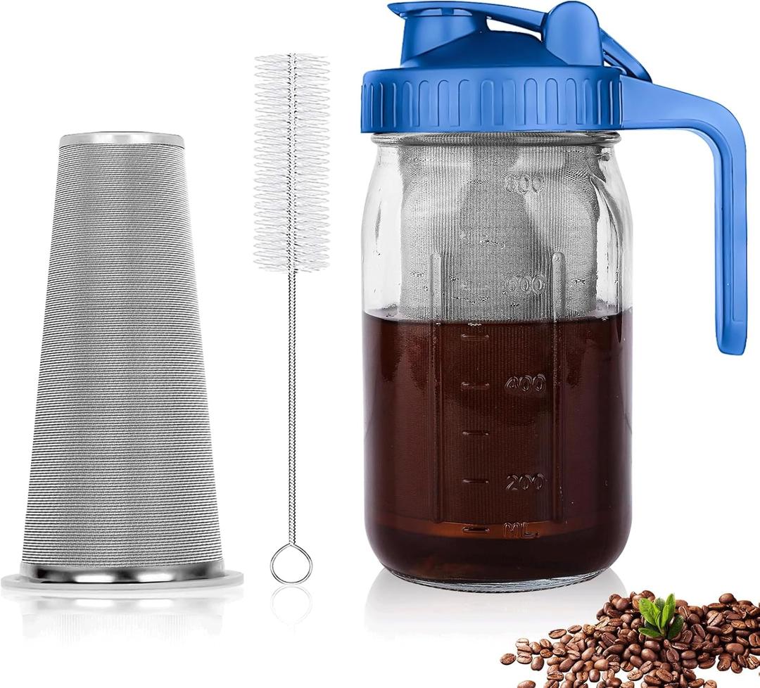 Cold Brew Coffee Maker,32 oz Mason Jar Pitcher with Stainless Steel Filter, Pour Spout Handle Lid, Heavy Duty Glass Airtight & Leak-Proof Pitcher for iced coffee Tea Lemonade-Blue