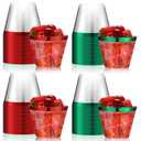 Zhehao 100 Pcs 9 oz Rimmed Plastic Cups Clear Wine Glasses Heavy Duty Cocktail Cups for Wedding Birthday Holiday Party Reception(Red, Green)