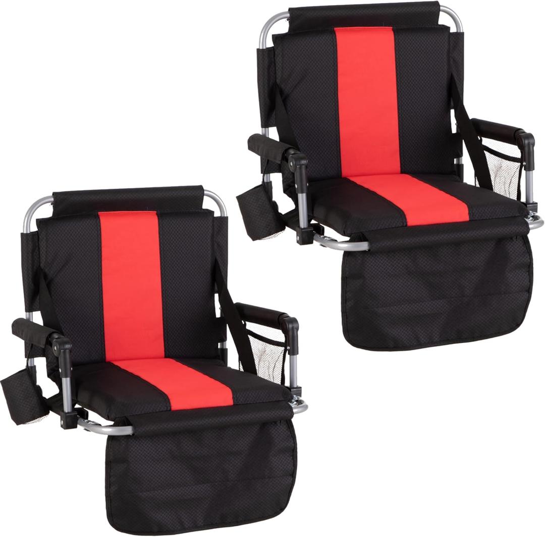 Foldable Stadium Seat Portable Folding Stadium Chairs Padded Bleacher Seat Cushion Bleacher Chair with Armrest and Cup Holder (Black-red2)