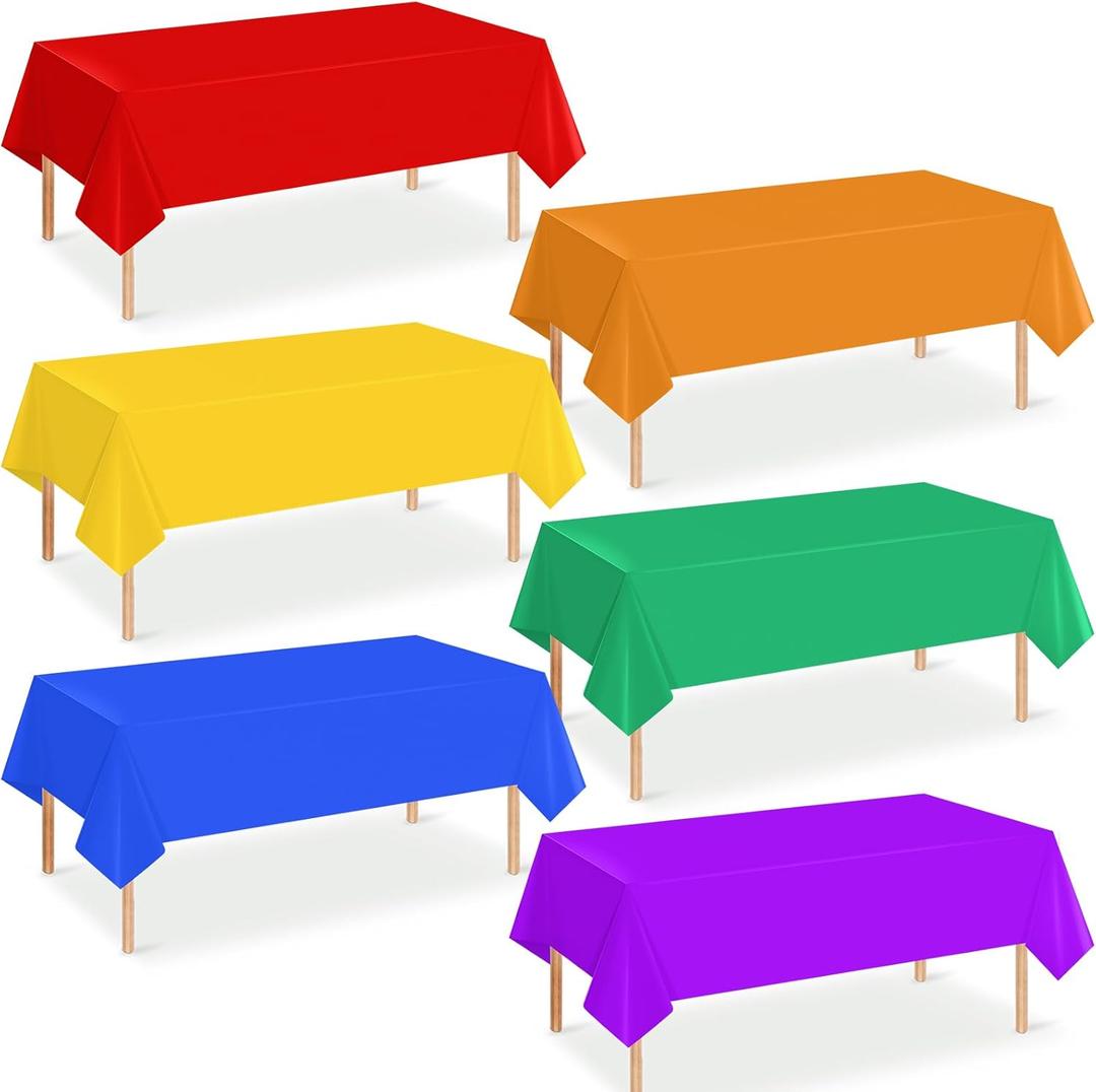 6 Pack 6 Color Rainbow Theme Tablecloth Assorted Color Plastic Tablecloth Disposable Colorful Rectangle Table Covers for Fiesta Wedding Birthday Picnic Graduation Party Decorations, 54 x 108 Inch