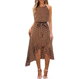 ECOWISH Polka Dot Women Summer Dress Midi A Line Ruffle High Low Sleeveless Boho Floral Halterneck Cocktail Tie Knot Sundress (Medium, Coffee)