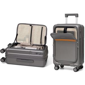 ROAMING Expandable 20 Inch Carry On Luggage With Mute Brake Wheels Airline Approved Hard Shell Suitcases with Front Pocket Top Opening Luggage with TSA Lock for Short Business Travel, Palm Grey