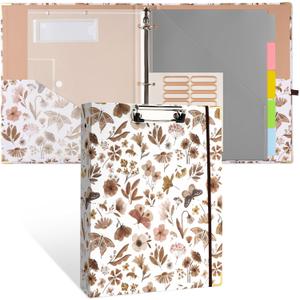 WATINC 3 Ring 1 Inch for Letter, Back to School Clipboards Binder with Plastic Folder 5-Tab Binder 18 Divider Stickers, Hardcover File Folder Labels with Pockets for Office SchoolButterfly Garden