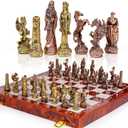 Vintage Figurine Metal Chess Set for Adults and Kids - 15'' Wooden Board with Metal Pieces - Travel Chess Set - Collectible Elegant Game - Family Vintage Board Game
