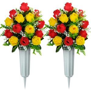 XONOR Artificial Cemetery Flowers for Grave Decorations, Artificial Memorial Roses Flowers Bouquet with Vase for Cemetery Headstones Decoration, 2 Sets (Red&Yellow)