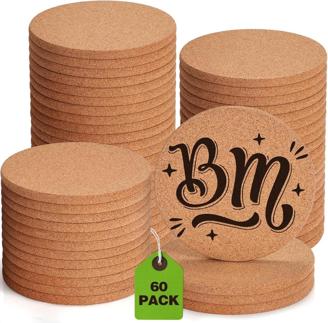 60 PCS Cork Coasters for Laser Engraving, GOH DODD Thicken Absorbent Mats Blank Coasters Bulk Tabletop Protection Plant Saucers for Drinks Wood Burning Arts Crafts DIY Resin Gifts, 4 Inch, Round