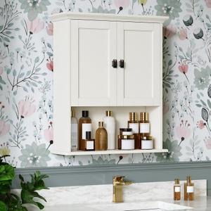 Bathroom Wall Cabinet, Medicine Cabinet Over The Toilet Storage Cabinet Wall Mounted with Build-in Spirit Level Cupboard Hanging Cabinet for Bathroom Laundry Kitchen Living Room, Cream White
