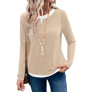 LilyCoco Womens Long Sleeve T-Shirts Casual Basic Fall Crewneck Layered Shirt, Beige, Large