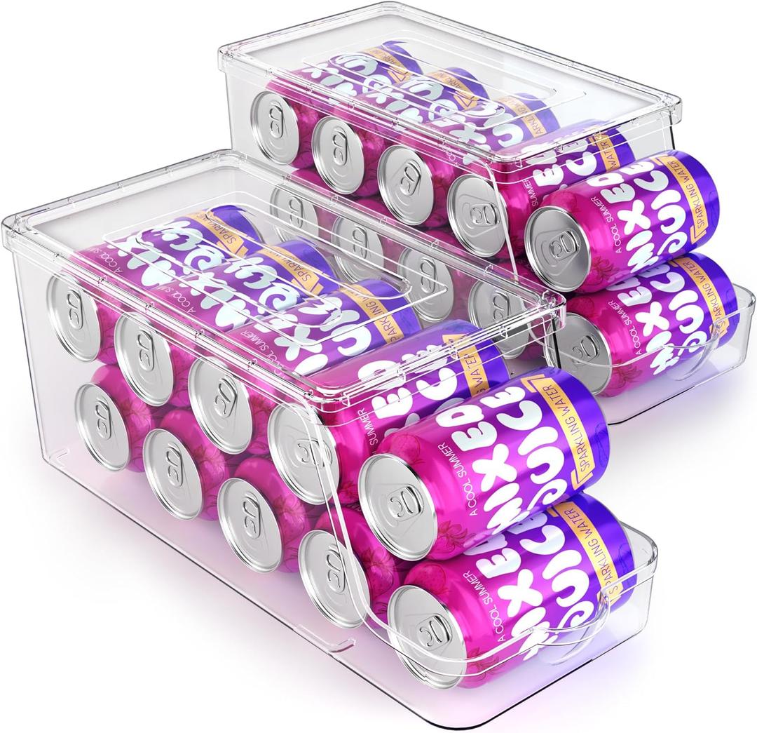 Soda Can Dispenser for Refrigerator with Lids, Stackable Drink Organizer for Fridge, Clear Plastic Refrigerator Organizer Bins, Beverage Can Holders for Pantry, Freezer, Kitchen, Cabinets, Set of 2