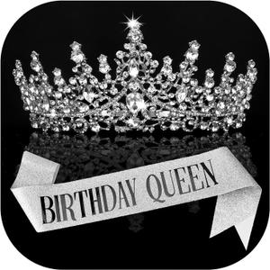 COCIDE Birthday Queen Sash for Women, Tiara, Rhinestone Headband, Glitter Crown Hair Accessories Set for Party Supplies (1 Count) (Silver)