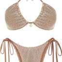 ZAFUL Women's Bikini Set Fishnet Triangle Tie Convertible Collar Halter Bandeau Shell Two Piece Bathing Suit (X-Large, Brown)