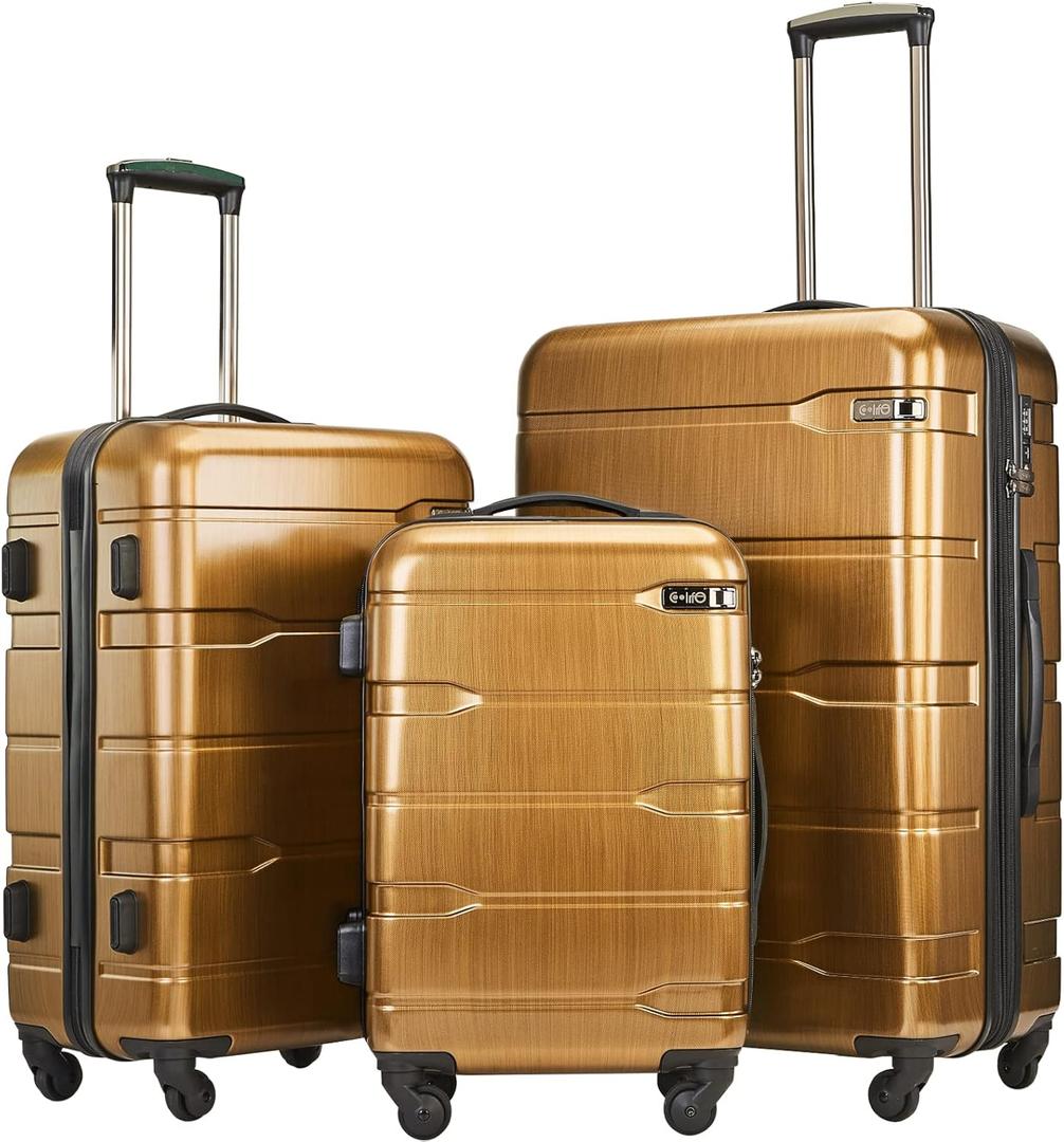 Coolife Luggage Expandable 3 Piece Sets PC+ABS Spinner Suitcase 20 inch 24 inch 28 inch (Black Brown, 3 Piece Set)