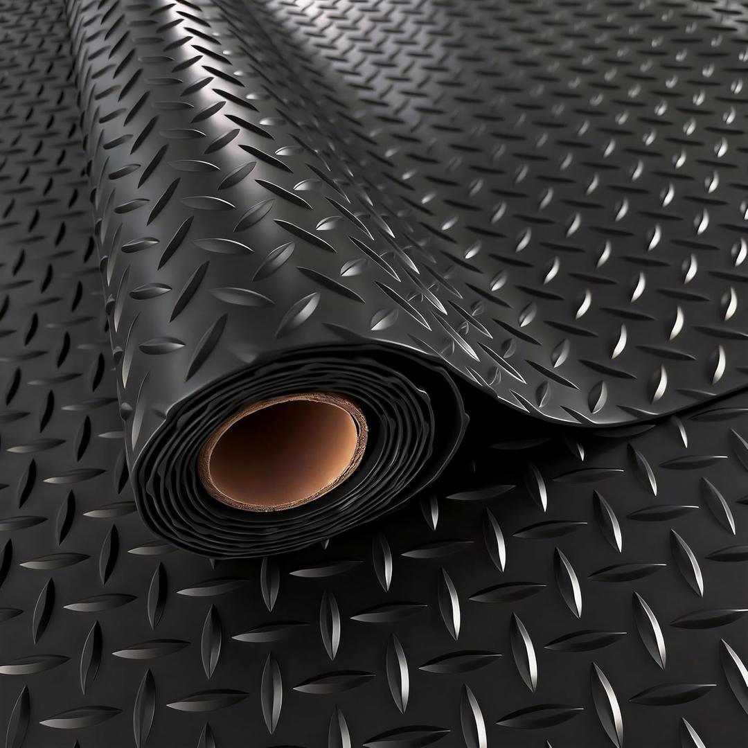 StellarStar 4x8 FT Garage Floor Mat, 2.8mm Thickened PVC Diamond Plate Garage Mat with 20PCS Tapes, Rubber Flooring Rolls for Under Car, Non-Slip Rubber Motorcycle Mat for Golf Cart, Trailer, Black