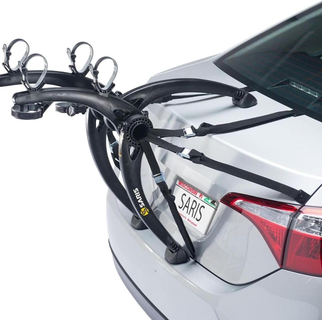 Saris Bones Car Trunk Bicycle Rack Carrier, Mounts 2 Bikes, Black - Durable, Rust-Free, Anti-Sway Straps, Fits Most Vehicles, Made in USA, Arc-Based Design, 100% Recyclable Materials (2 Bike Carrier)
