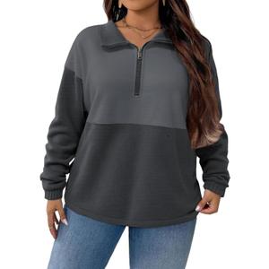 ROSRISS Plus-Size-Sweatshirts-for-Women Oversized Long Sleeve Color Block Shirts Warm Half Zip Polar Fleece Pullover Tops (XX-Large, 02_dark Grey)