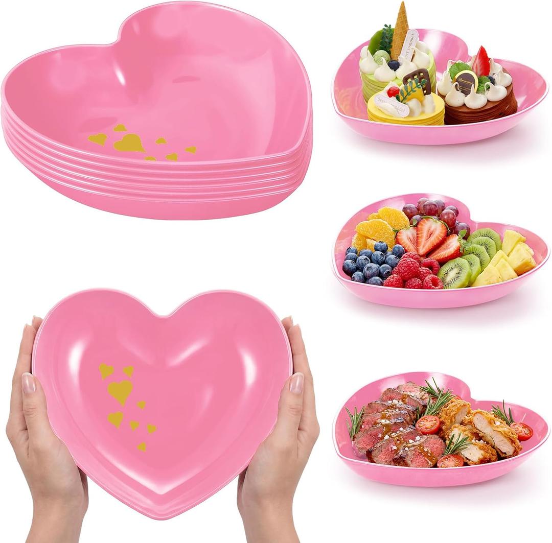Reallnaive 6 Pcs 8.7 Inch Valentines Day Heart Shaped Plates Dessert Bowls Appetizer Plates Salad Bowls for Gift Valentine's Day Anniversary Party Supplies(Pink)