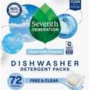 Seventh Generation Dishwasher Detergent Packs, Free & Clear, 72 Count, Pack of 1, Plant Powered Cleaning, Fights Greasy Reside & Stuck-On Food For Sparkling Dishes, Fragrance-Free & Septic Safe