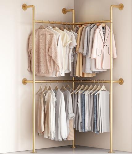 KADIGANG Industrial Pipe Gold Clothing Racks Wall Mounted, Rustic Gold Industrial Pipe Clothes Rack Design - Stylish & Heavy Duty Corner Garment Racks, Perfect for Home or Retail Display