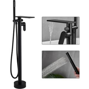 Freestanding Bathtub Faucet, Floor Mount tub filler, Matte Black | Wide Flat Spout Storage,Waterfall Flow,Brass+304 Stainless Steel