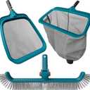 Economy Swimming Pool Cleaning Kit - Fine Mesh Deep Pool Rake & Leaf Skimmer Net, Rotatable Pool Brush Head for Cleaning Above Ground & Inground Pools (No Pole)