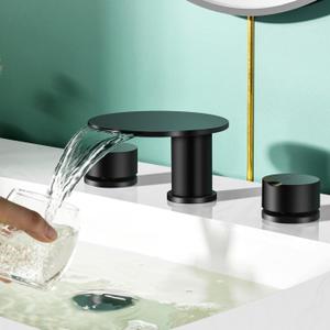 AUU Moon Bathroom Sink Faucet 3 Holes,Waterfall Bathroom Vanity Sink Faucets Solid Brass,2 Handles Widespread 8 Inch Basin Faucets (Black)