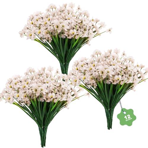 DOMMARE Fake Faux Plant Artificial Flowers for Outdoors, Uv Resistant Daisies Silk Flowers Decoration for Indoors Window Boxes Gardens Wedding Summer Home Easter Mother's Day Decor, White 12 Bundles
