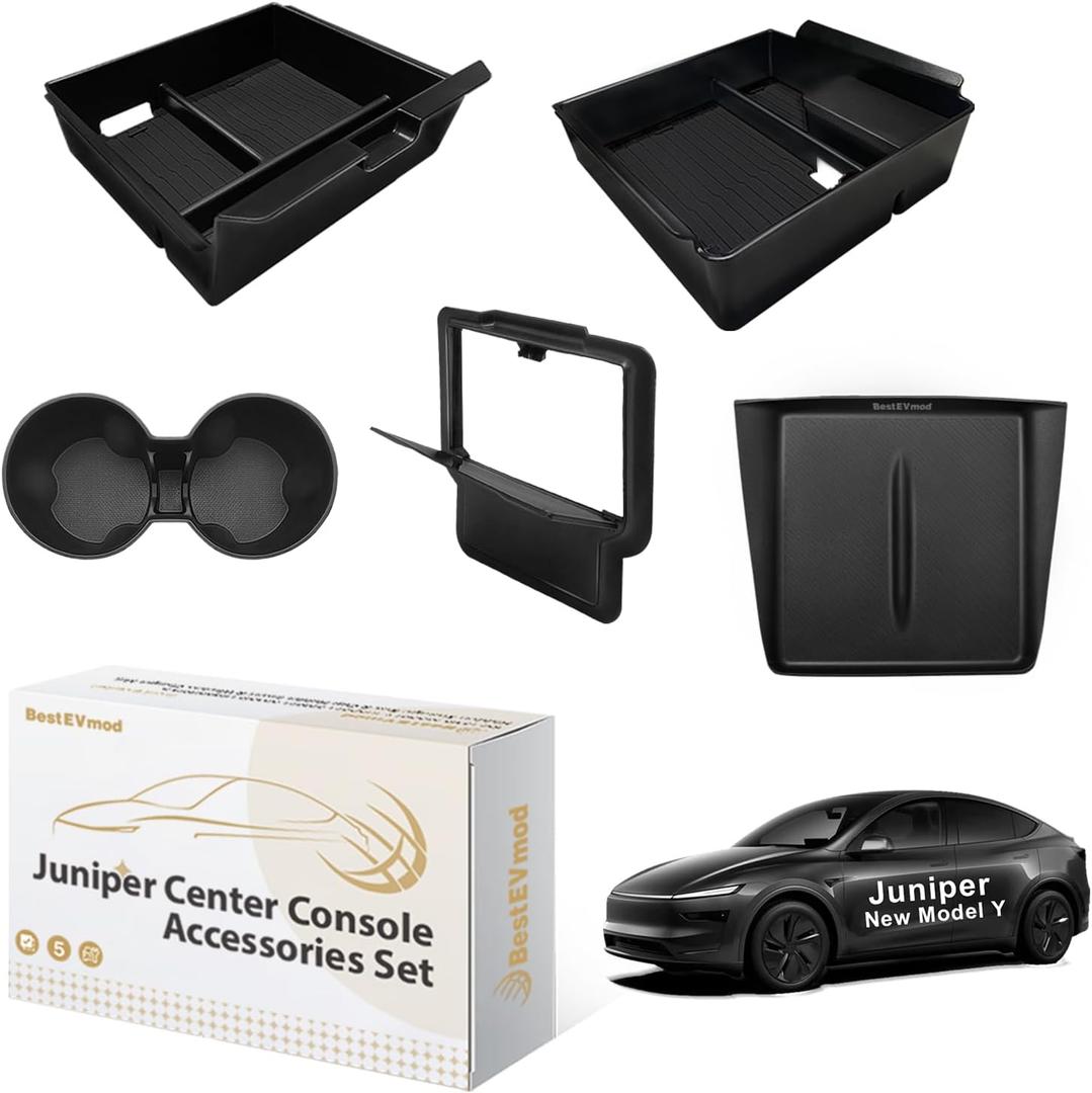 BestEvMod 5PCS Center Console Organizer Compatible with 2026 2025 Tesla New Model Y Juniper Accessories ABS Slide Smoothly Cup Holder Insert Wireless Charger Mat Silicone (Black) 