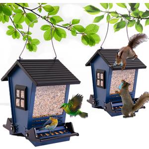 LSCQYYCC-Bird Feeder Squirrel Proof Metal Hanging for Outdoor Wild Bird Seed, with Bilateral Weight-Activated Perches, Large Feeder That Attracts Cardinals, Chickadees, and More Birds-One in Blue