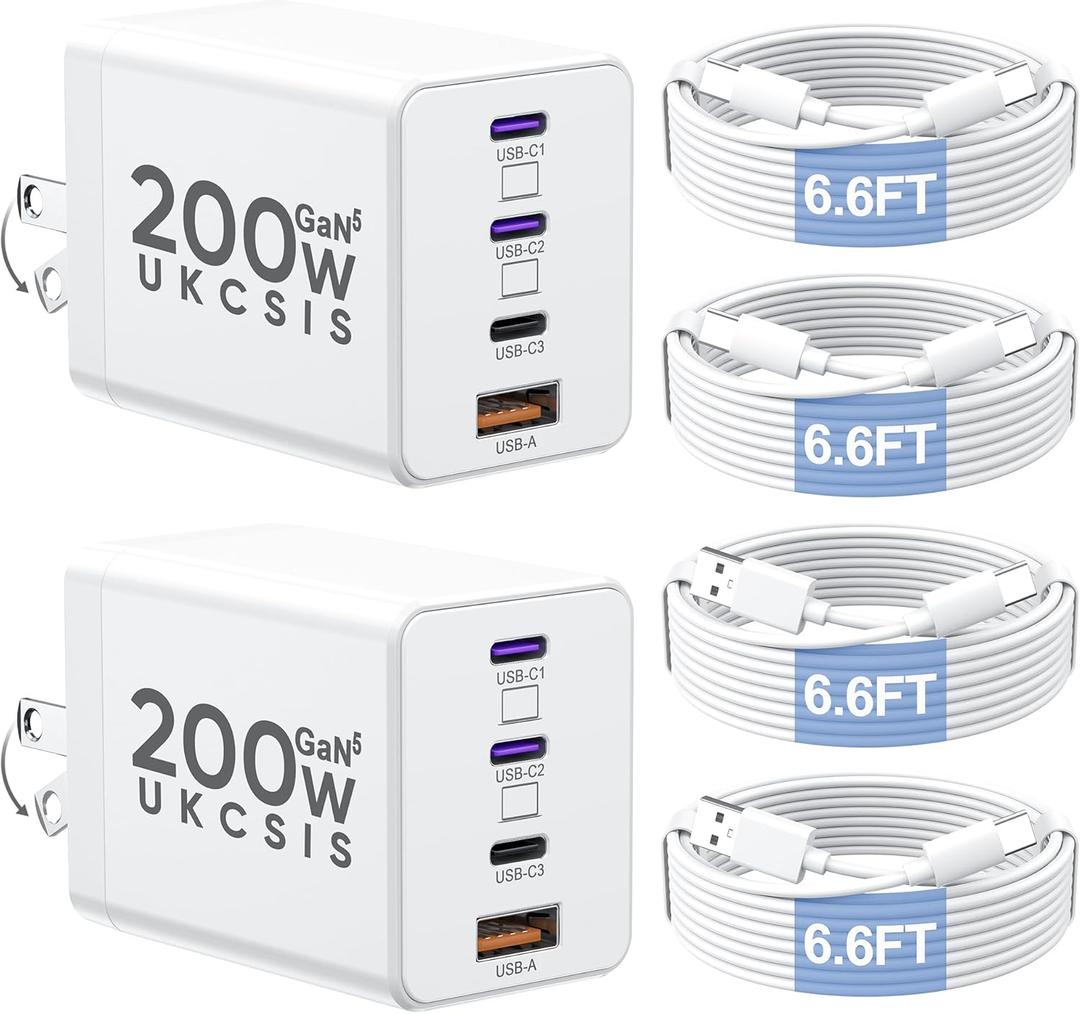 2 Pack 200W USB C Charger Block, Adapter for iPhone 17/16/15 Pro Max Charger Fast Charging, Foldable 4-Port GaN5 Fast Charging Block, Dual 65W Laptop Super Fast Charger Type C for MacBook Pro/Air iPad (White)