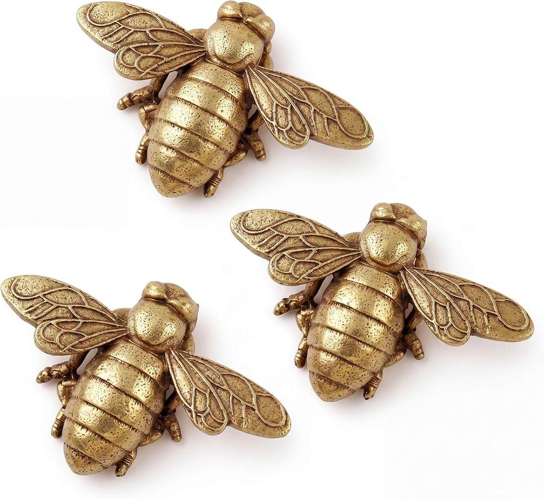 Yerliker 3 Pcs Gold Bee Wall Art Retro Brass Bee Vintage Wall Sculpture Decor 3D Figurines Honeybees Insect Decoration Artwork Antique Decor for Living Room Home Office