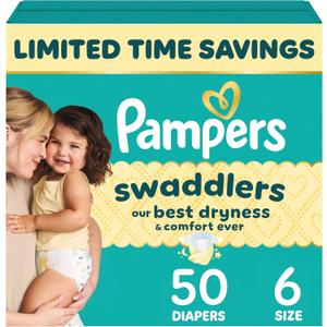 Pampers Swaddlers Diapers, Size 6 (23-44 lbs), 50 Count, Absorbent, Keeps Baby Dry and Comfortable, Skin Safe Disposable Baby Diaper 