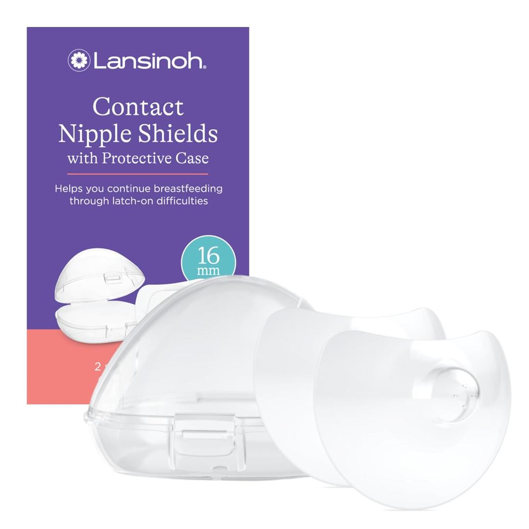 Lansinoh Contact Nipple Shields for Nursing Mothers, Ultra-Thin Soft & Flexible Medical-Grade Silicone Shields Designed for Sensitive Nipples and Latch-On Support, with Protective Case, 16mm, 2 Count