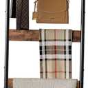 Blanket Ladder, 5-Tier Towel Holder with 4 Removable Hooks, Farmhouse Wall Leaning Decorative Rack Shelf, Wooden Towel Display Rack, Quilt Ladder for Living Room, Bedroom, Rustic Brown (17.3"W x 63.0"L)