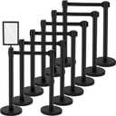 Geelin 12 Pack Heavy Duty Crowd Control Stanchions Stainless Steel Stanchion Set with Safety Barrier Post with Retractable Belt and Sign Holder Crowd Control Barrier (9.8ft,Black)
