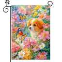 Spring Summer Welcome Garden Flag 12x18 Inch Double Sided Dog Floral Butterfly Burlap Small Yard Flag Seasonal Farmhouse Outside Outdoor Decoration