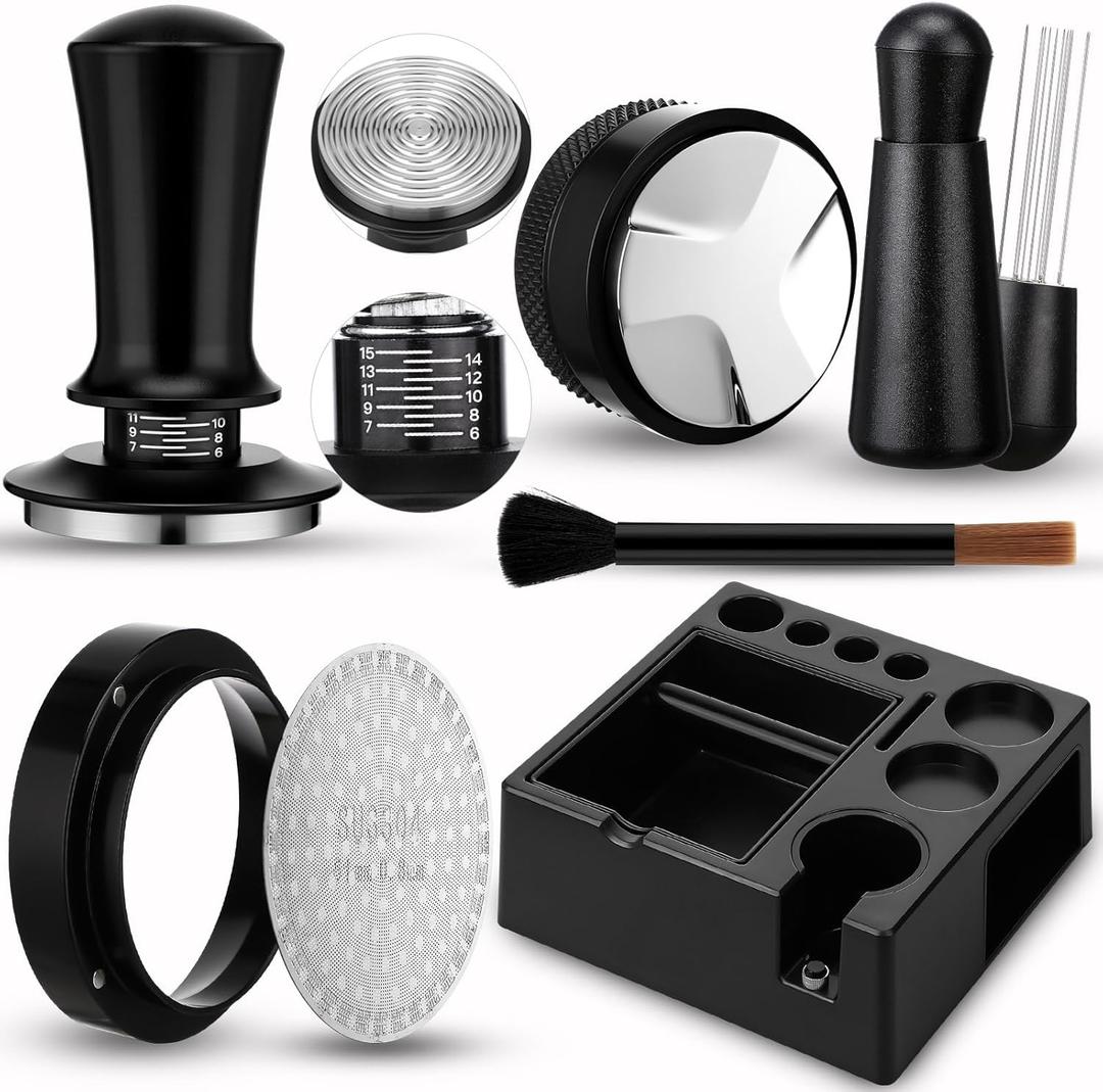 7pcs 51mm Espresso Accessories Kit Tamping Station Machine Accessories Spring Loaded Calibrated Tamper Espresso Tool and Dosing Funnel Set Distributor and Tamper Leveler