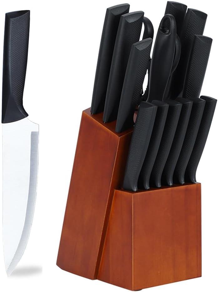 Kitchen Knife Set, 15Pcs Chef Knife Set with Block and Sharpener, High Carbon Stainless Steel Ultra Sharp Knives for Kitchen includes 6 Steak Knives, Anti-slip Handle, Black