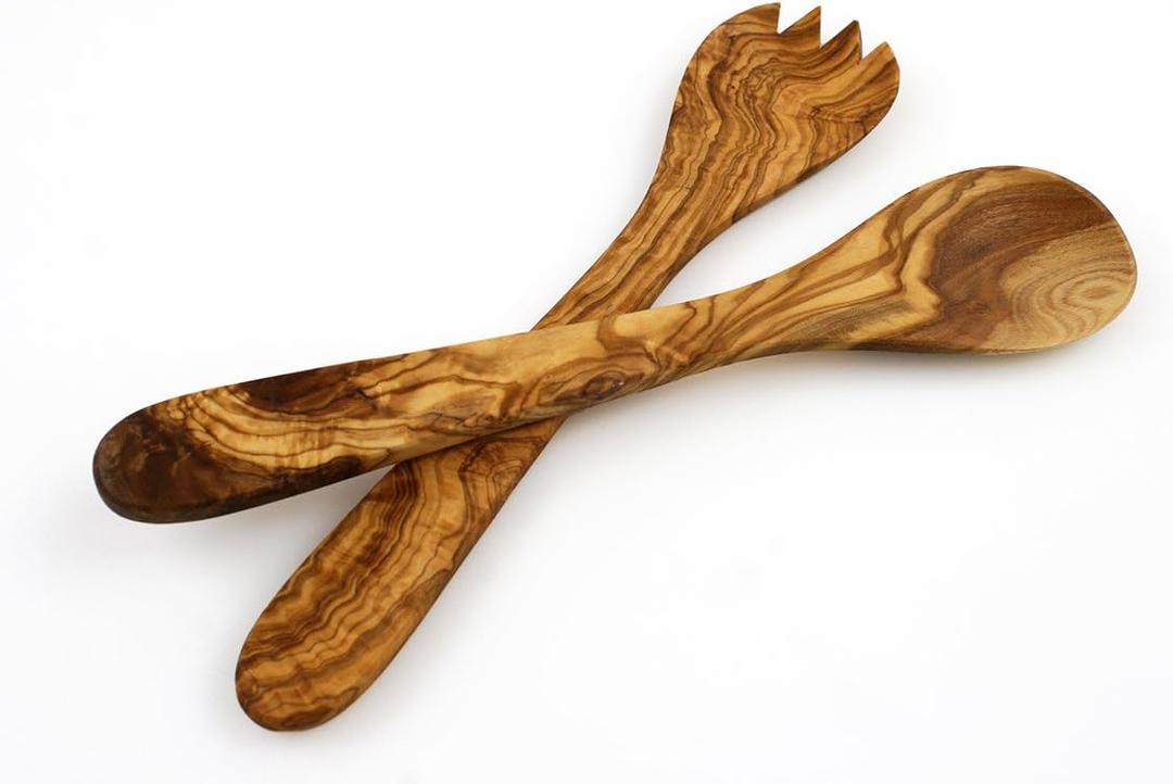 Olive Wood Salad Server Set - 12 Inch Wooden Tongs - Rustic French Style