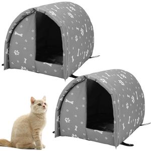 2Pcs Grey Cat Houses for Outdoor Medium Stray Cats Shelter Weatherproof Outdoor Arched Cat House Indoor Foldable Warm Pet Cave with Paw Print for Feral Cat Dog Winter Wild Animal
