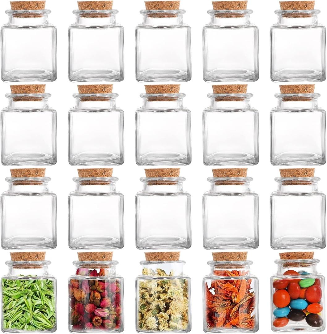 Dicunoy 20 PCS Glass Favor Jars with Cork Lids, 2 OZ Mini Square Vials Bottles for Herb Storage, Small Spice Containers for Tea, Jelly, Candy, Wedding & Party Favors, DIY Crafts