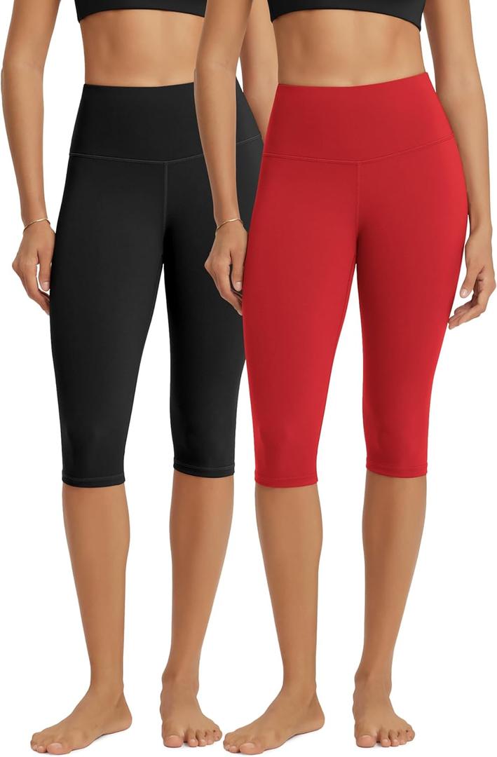 ODODOS 2-Pack High Waist Knee Length Workout Capris for Women, 14" Tummy Control Athletic Running Capri Leggings, Black+Red, Large (L)