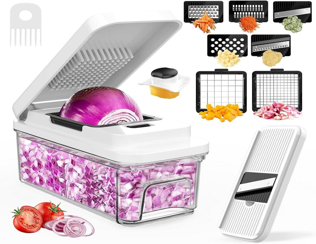 Vegetable Chopper with Container, Onion Chopper Dicer Cutter Slicer, 10-in-1 Food Chopper with 7 Blades, Veggie Cutter Slicer for Fast Salad Potato Carrot Garlic Meal Prep Kitchen Gadget