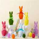 6 PCS Flocked Easter Bunnies Decors Set with 6 Colorful Eggs & Stakes, Rabbits & Eggs Figurines, 6 in Standing Bunny Decor for Interactive Egg Hunt, Home Table Centerpiece, Spring Party Supplies