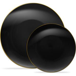 PLASTICPRO 32 Piece Combo Plate Set includes 16-7'' inch Plates & 16-10'' inch Dinner Plate Black Plastic With Gold Rim Design Party Plates, Premium heavyweight Elegant, Disposable