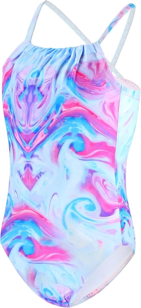 TENVDA Girls Swimsuit Summer Beach Sport Halter Bathing Suits One Piece Swimwear for 2-12 Years Old Kids (3-4T, Blue Marble-halter)