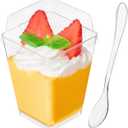 5 oz Plastic Dessert Cups with High Flat Lids and Spoons, 50 Pack Mini Clear Parfait Cups Square Party Serving Cup for Pudding, Appetizer, Fruit and Jello